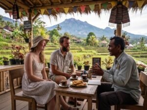 A tourist couple asked about hiking Mount Rinjani.