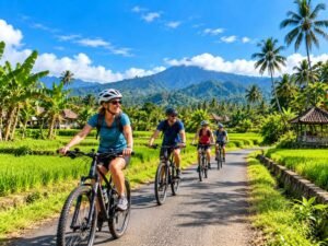Biking through green countryside during a Lombok day trip