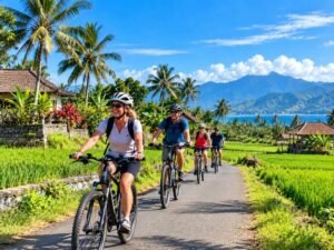 Cruise passengers cycling through the Lombok countryside