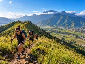 Hikers climbing Pergasingan Hill during a Lombok adventure