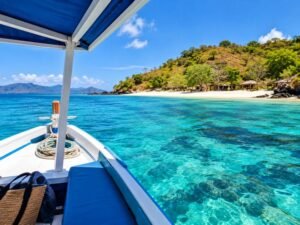 Private boat approaching a quiet Gili island near Lombok