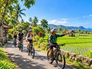 Travelers enjoying a guided cycling route through rural Lombok