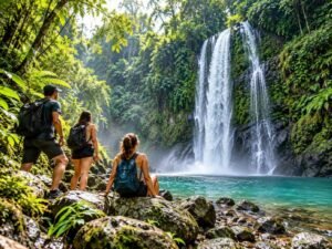 Travelers exploring a tropical waterfall during a Lombok nature tour