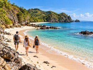 Travelers walking along a peaceful hidden beach in Lombok