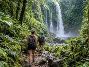 couple walking toward a waterfall in Senaru Lombok