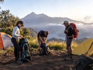 Hikers preparing for an overnight Mount Rinjani trek