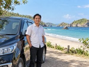 Private driver waiting near a Lombok beach during a coastal day tour