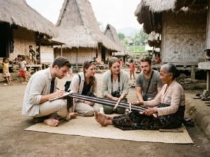 travelers learning about Sasak culture during a village visit