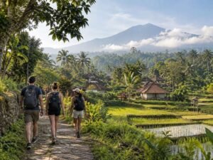 travelers walking through Tetebatu village landscape