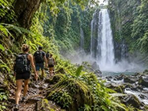 Travelers walking toward a Lombok waterfall