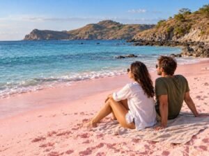 Couple relaxing on the pale pink sand at Tangsi Beach Lombok