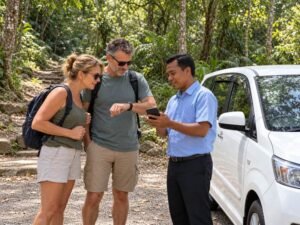 Cruise passengers discussing their return schedule with a local driver