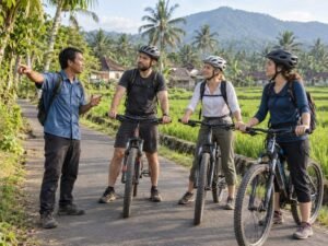 Local guide briefing cyclists before a countryside bike ride