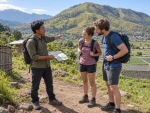 Local guide discussing the Pergasingan Hill hiking route with travelers