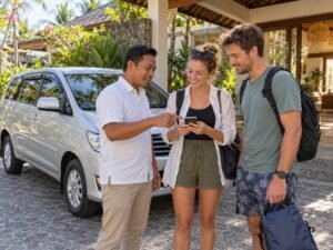 Tourists discuss with a local driver in front of a hotel in Lombok.