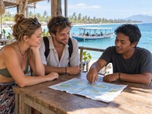 Travelers discussing their island route with a local guide in Lombok