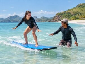 eginner surf lesson on a beach near Kuta Lombok